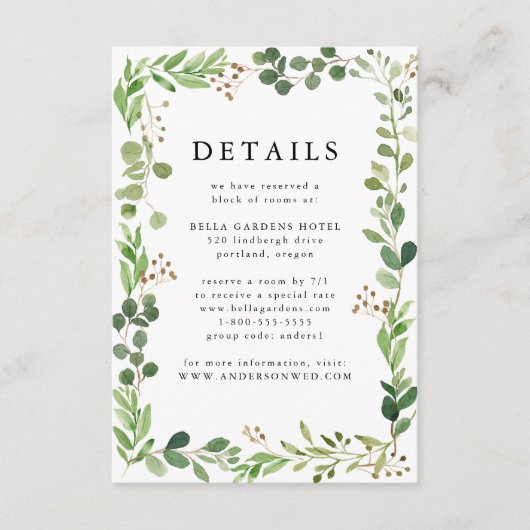 Carte D'accompagnement Détails du Mariage Watercolor Greenery (Devant)