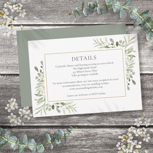 Carte D'accompagnement Détails du Mariage Watercolor Greenery