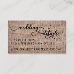 Carte D'accompagnement Détails du site Web de mariage Burlap & Script Élé