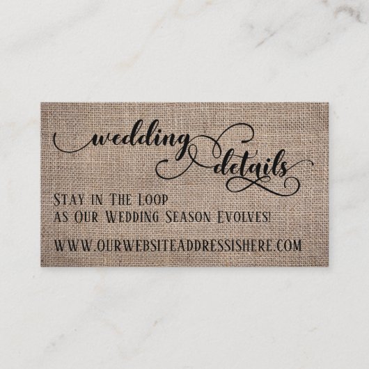 Carte D'accompagnement Détails du site Web de mariage Burlap & Script Élé (Devant)