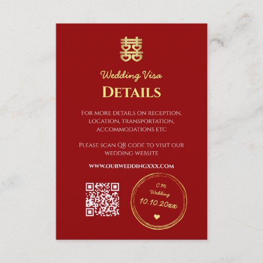 Carte D'accompagnement Détails du visa d'entrée mariage chinois rouge fon (Devant)