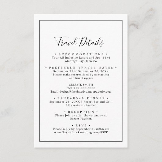 Carte D'accompagnement Détails du voyage de mariage de destination minima (Devant)