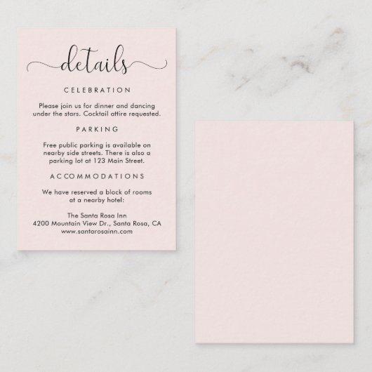 Carte D'accompagnement Détails élégants du Mariage rose de script (Devant / Derrière)