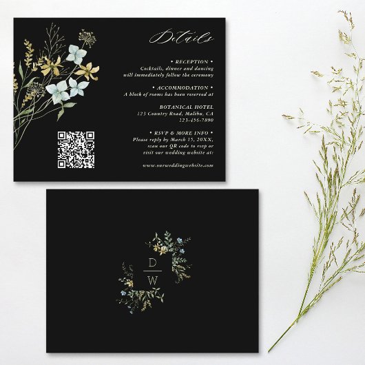 Carte D'accompagnement Détails Fleur sauvage Boho Mariage noir