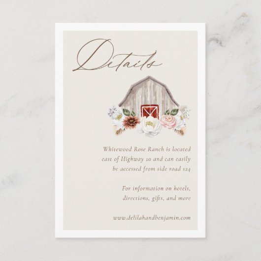 Carte D'accompagnement Détails Floral Farm Grange Mariage campagnard occi (Devant)