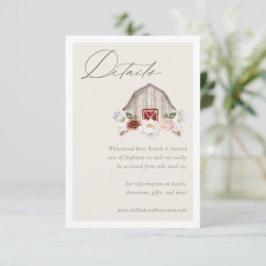 Carte D'accompagnement Détails Floral Farm Grange Mariage campagnard occi (Debout devant)