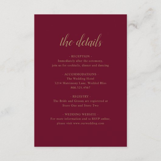 Carte D'accompagnement Détails Formels Élégants Mariage Bourgogne Or (Devant)