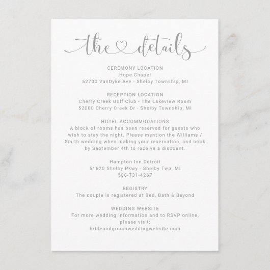 Carte D'accompagnement Détails Informations sur le Mariage de script Silv (Devant)