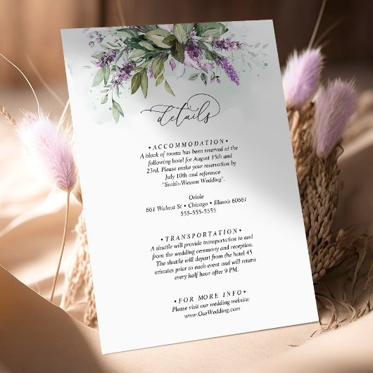 Carte D'accompagnement Détails Lavender Greenery Script Mariage