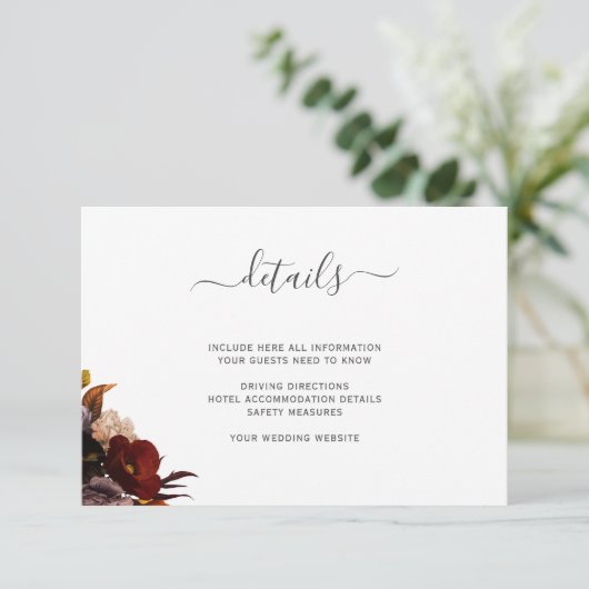 Carte D'accompagnement détails mariage bordeaux rustique automne enclos f (Debout devant)