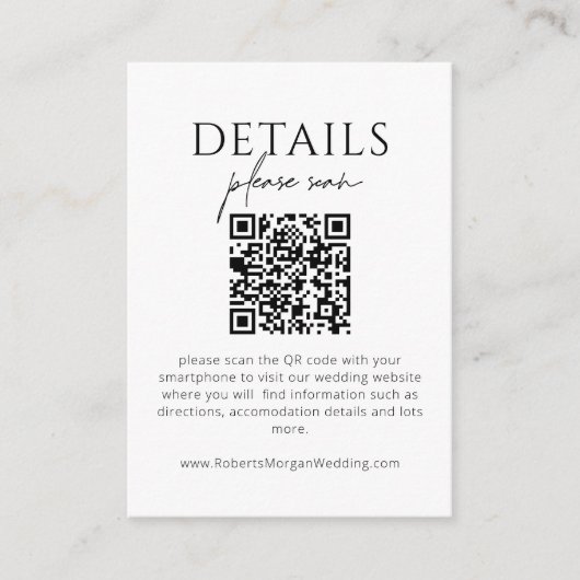 Carte D'accompagnement Détails Mariage moderne simple avec code QR (Devant)