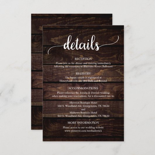 Carte D'accompagnement Détails mariage, Thème Rustique Bois foncé (Devant / Derrière)