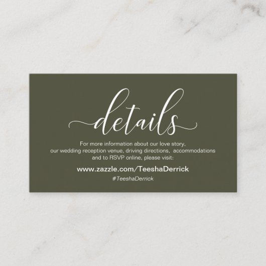 Carte D'accompagnement Détails mariage, Thème vert olive moderne (Devant)