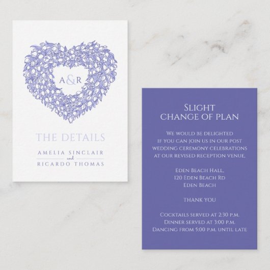 Carte D'accompagnement détails mariage tulip bouquet monogramme bleu blan (Devant / Derrière)