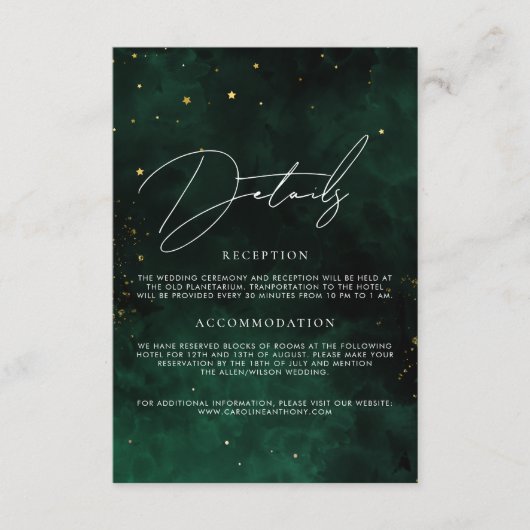 Carte D'accompagnement Détails Mariage Vert foncé Magique Or noir (Devant)