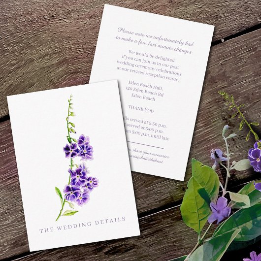 Carte D'accompagnement détails mariages fleurs violettes simples