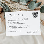 Carte D'accompagnement Détails minimalistes simples du Mariage QR Code<br><div class="desc">Customisez cette "Simple Minimalist Mariage Details QR Code Insert Card" avec vos propres informations de mariage. Il est facile de personnaliser pour correspondre à vos couleurs,  styles et thèmes mariages. Si vous préférez les papiers plus épais / Finition mat,  vous pouvez choisir le type de papier mat.</div>