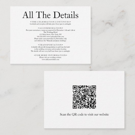 Carte D'accompagnement Détails minimaux du code QR Elegant Mariage blanc  (Devant / Derrière)
