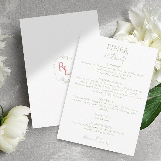 Carte D'accompagnement Détails minimaux du Mariage Monogramme vert corail