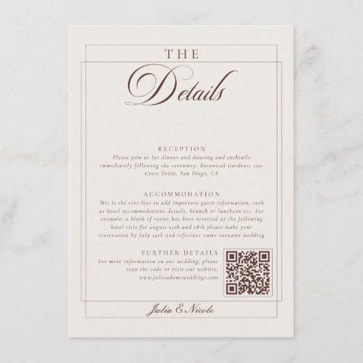 Carte D'accompagnement Détails QR de calligraphie marron choco classique  (Devant)