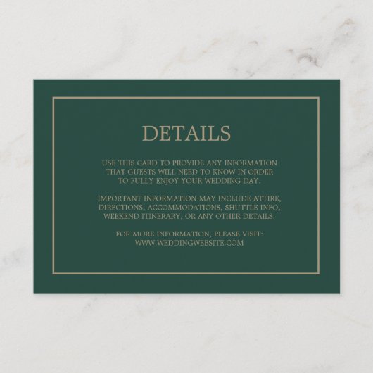 Carte D'accompagnement Détails simples du monogramme Mariage vert émeraud (Devant)