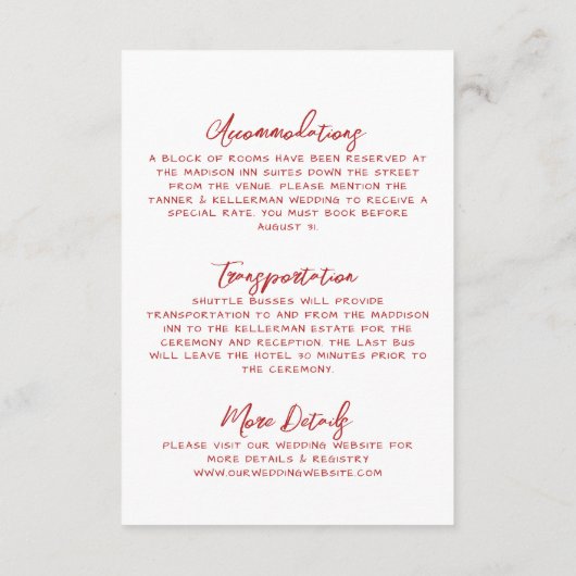 Carte D'accompagnement Détails sur le Mariage blanc manuscrit simple (Dos)