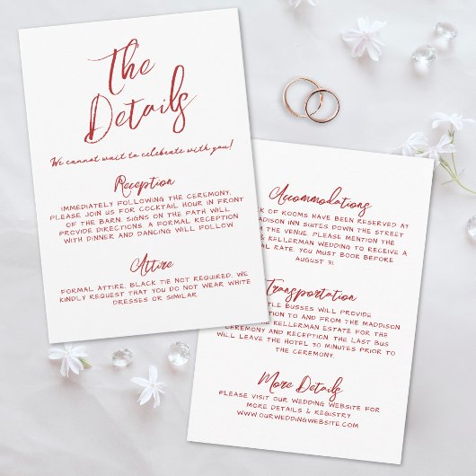 Carte D'accompagnement Détails sur le Mariage blanc manuscrit simple