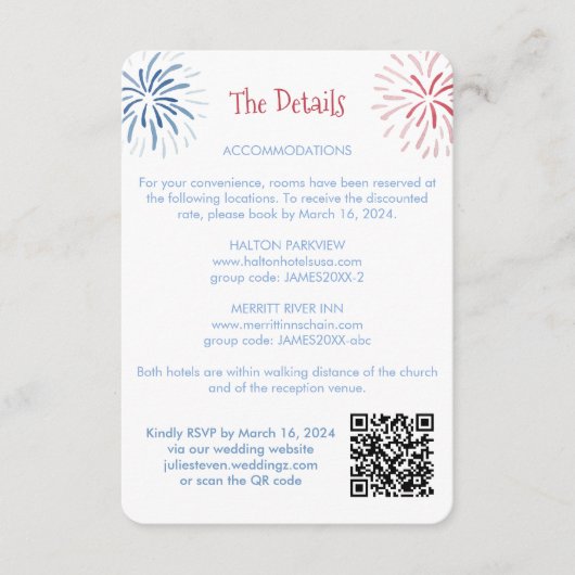 Carte D'accompagnement Détails sur le Mariage de code QR rouge blanc bleu (Devant)