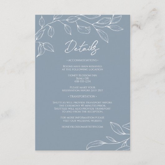 Carte D'accompagnement Détails sur le Mariage Dusty Blue Minimal Leaf (Devant)