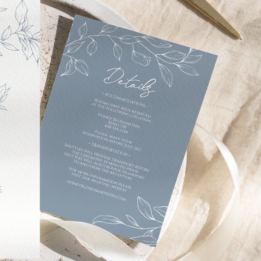 Carte D'accompagnement Détails sur le Mariage Dusty Blue Minimal Leaf