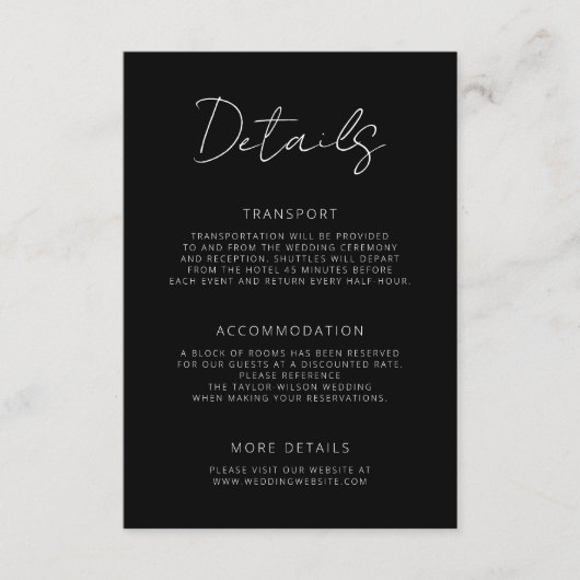 Carte D'accompagnement Détails sur le Mariage noir du script de signature (Devant)