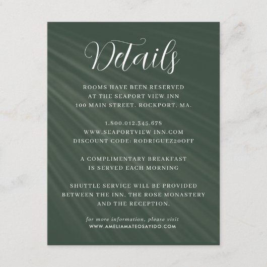Carte D'accompagnement Détails sur le Mariage simple Script Dark Green (Devant)