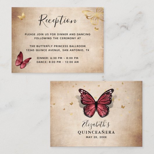 Carte D'accompagnement Détails sur l'élégant papillon Bourgogne et Or (Devant / Derrière)