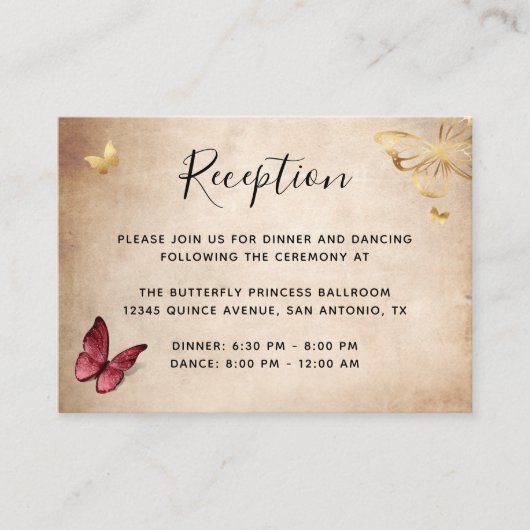 Carte D'accompagnement Détails sur l'élégant papillon Bourgogne et Or (Devant)