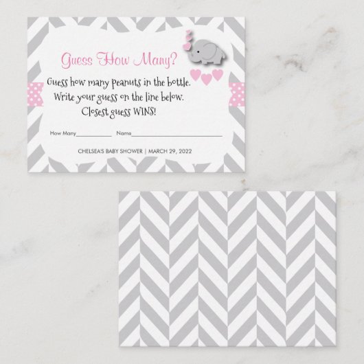 Carte D'accompagnement Devinez combien - Eléphant rose (Devant / Derrière)