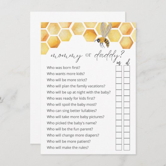 Carte D'accompagnement Devinez qui maman ou papa Bee Baby shower jeu (Devant / Derrière)