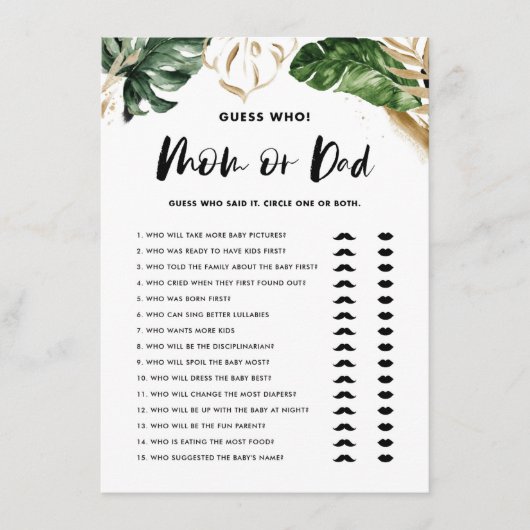 Carte D'accompagnement Devis Tropical Qui Maman ou Papa Baby shower Jeu (Devant)