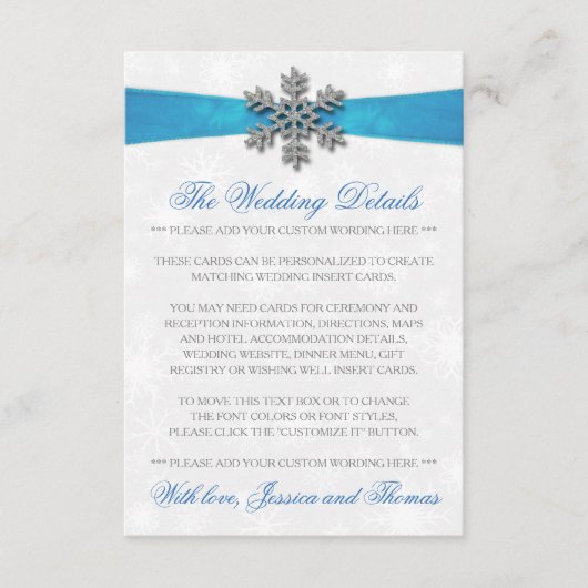 Carte D'accompagnement Diamante Snowflake & Blue Ribbon Mariage d'hiver (Devant)