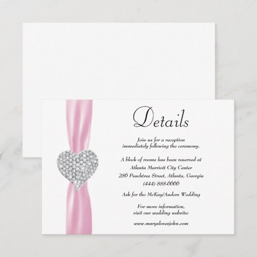 Carte D'accompagnement Diamond Heart Pink Ribbon Détails du Mariage (Devant / Derrière)