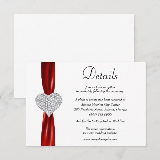 Carte D'accompagnement Diamond Heart Red Ribbon Détails du Mariage (Devant / Derrière)