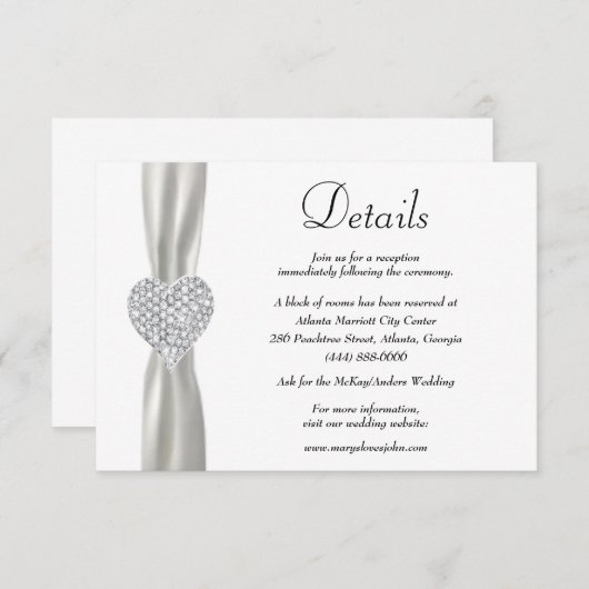 Carte D'accompagnement Diamond Heart White Ribbon Détails du Mariage (Devant / Derrière)