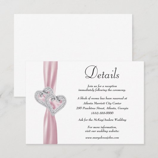 Carte D'accompagnement Diamond Hearts Pink Ribbon Détails du Mariage (Devant / Derrière)