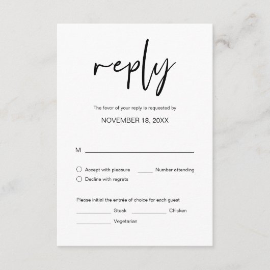 Carte D'accompagnement Dîner mariage RSVP, avec options de repas (Devant)