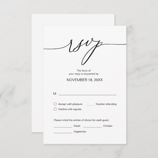 Carte D'accompagnement Dîner mariage RSVP, options de repas (Devant / Derrière)