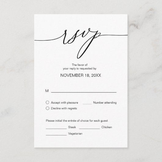 Carte D'accompagnement Dîner mariage RSVP, options de repas (Devant)