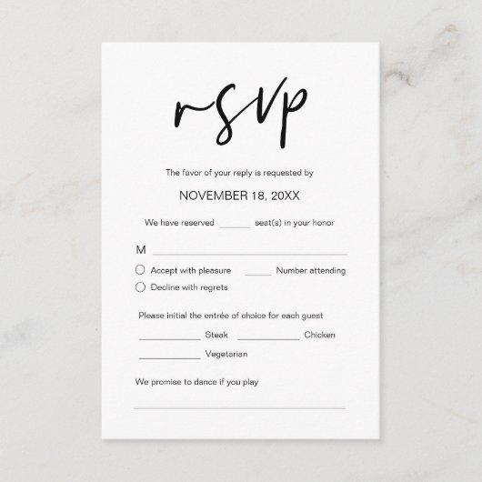 Carte D'accompagnement Dîner mariage RSVP, options de repas, demande de c (Devant)