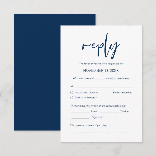 Carte D'accompagnement Dîner mariage RSVP, options de repas, demande de c (Devant / Derrière)