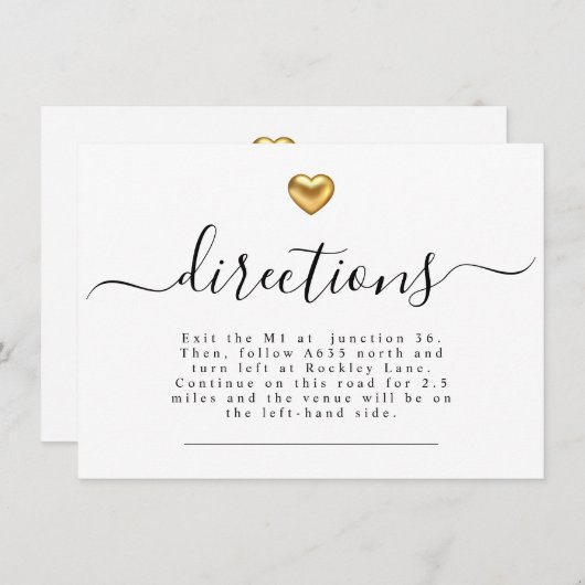 Carte D'accompagnement Directions de mariage à coeur doré moderne simple (Devant / Derrière)