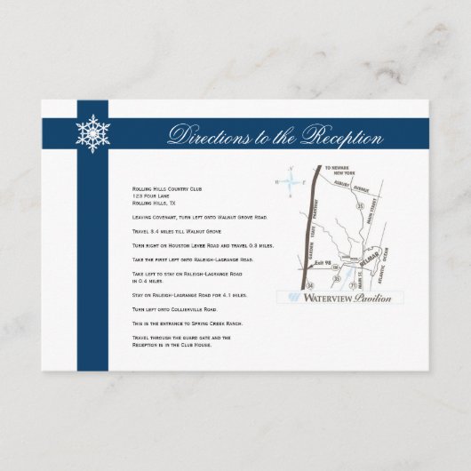 Carte D'accompagnement Directions de mariage Flocons de neige bleus et bl (Devant)