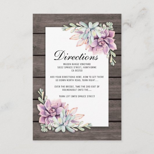Carte D'accompagnement Directions de mariage florales succulentes rustiqu (Devant)